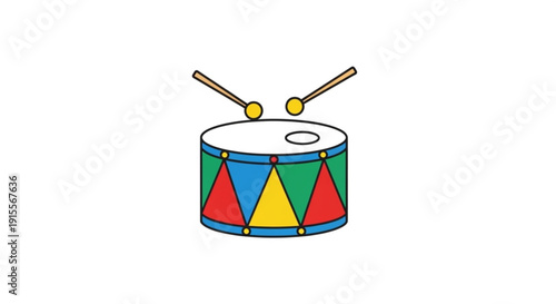 Colorful toy drum with drumsticks simple flat vector illustration for childrens music or play concepts isolated on white