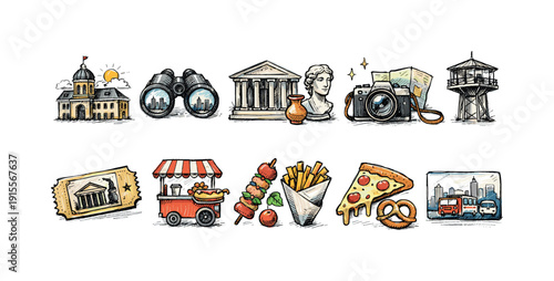 Travel and tourism linear icon set. Adventure and destination line icon collection