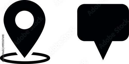 Black and white icons of a location pin and a speech bubble on a plain background