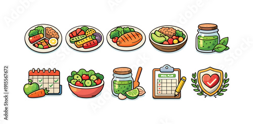 Nutrition and diet flat icon set. Healthy eating, meal planning flat icons collection