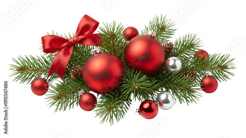 Christmas Decoration with Red Baubles, Pine Branches and Ribbon