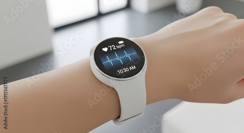 Wrist with white smartwatch displaying heart rate and time