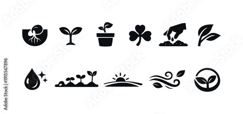Gardening, nature silhouette icon set. Plant, growth, ecology symbols collection