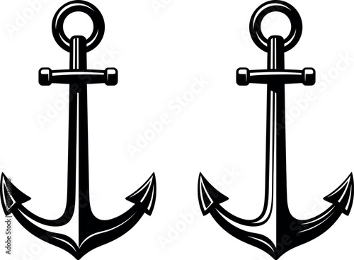 Pair of traditional black and white nautical anchors in symmetrical design.