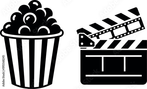 Popcorn bucket paired with classic movie clapperboard symbolizing cinema experience