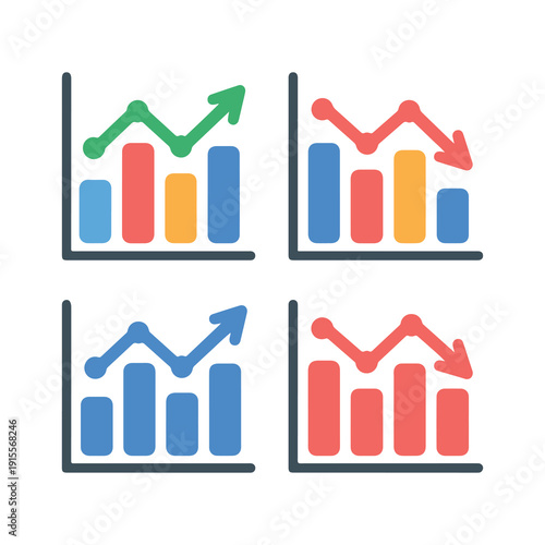 Colorful bar graphs illustrate financial trends with upward and downward arrows