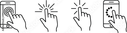 Touch screen gesture icons set showing tap press swipe interaction symbols for mobile app user interface design