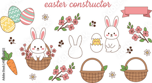 Horizontal Easter bunny constructor kit with white rabbits, baskets, and blossoms in flat vector style