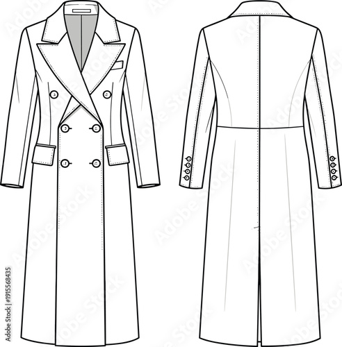Technical flat sketch of women double breasted long trench coat with lapel collar and pockets, cad drawing flat vector illustration
