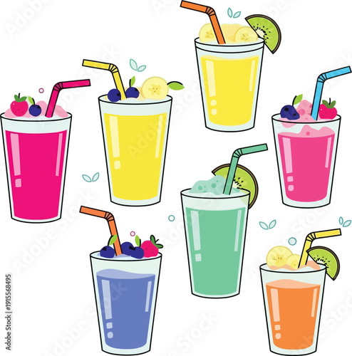 Assorted colorful fruit smoothies and juices in glasses with straws