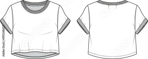 Womens cropped boxy t-shirt fashion technical sketch, rolled sleeve crew neck short top flat drawing, CAD flat vector illustration.