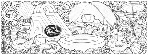 Cartoon cute doodles hand drawn summer beach children's entertainment illustration. Many toys objects vector background. Funny outdoor games artwork.
