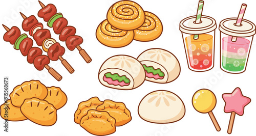 Horizontal set of Asian street food icons including dim sum, skewers, and buns in playful flat vector style