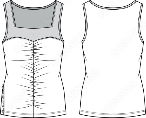 Womens square neck tank top fashion technical sketch, center front ruching detail sleeveless blouse flat drawing, CAD flat vector illustration.