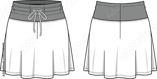 Womens athletic mini skirt fashion technical sketch, elastic drawstring waistband flared skirt flat drawing, activewear bottom, CAD flat vector illustration.