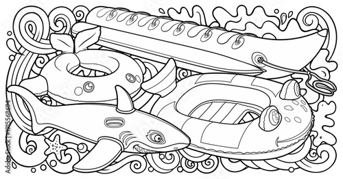 Cartoon cute doodles hand drawn summer beach children's entertainment illustration. Many toys objects vector background. Funny outdoor games artwork.