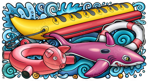Cartoon cute doodles hand drawn summer beach children's entertainment illustration. Many toys objects vector background. Funny outdoor games artwork.