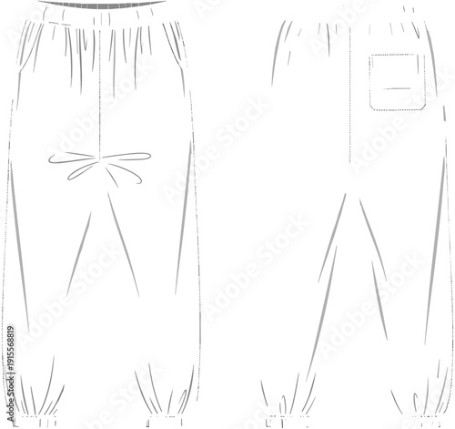 Mens drawstring joggers technical fashion sketch, elastic waistband sweatpants flat drawing, loose fit trousers with back pocket, CAD vector illustration.
