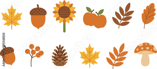 Horizontal set of autumn nature icons including leaves, acorns, sunflower, and mushroom in flat vector style,