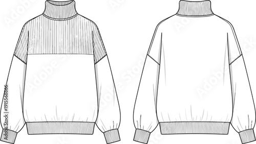 womens oversized turtleneck sweater fashion technical sketch, ribbed knit yoke detail, drop shoulder long sleeve pullover, cad flat vector 