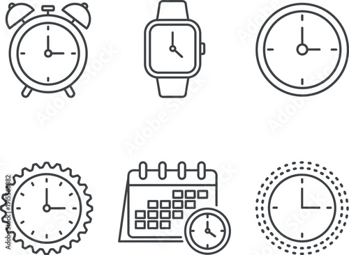 Collection of diverse timekeeping device icons in a minimalist style