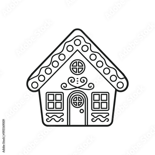 A simple black and white line drawing of a gingerbread house shape