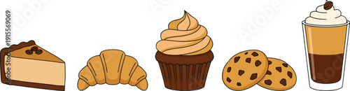 Horizontal set of cafe pastry icons including cheesecake, croissant, cupcake, cookies, and coffee in flat vector style,
