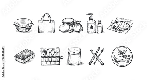 Eco-friendly, sustainable outline icon set. Reusable products and zero waste symbols.