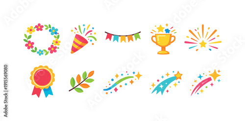 Celebration, party flat icon set. Festive, holiday, award, wreath, trophy icons flat collection