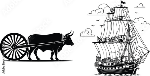 Vintage transportation illustration featuring traditional ox cart and classic sailing ship silhouettes representing historical travel and maritime trade