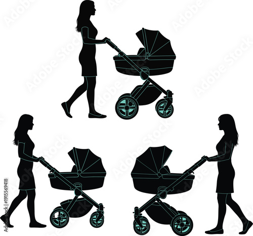 Black silhouette of woman walking with baby stroller set isolated on white background for motherhood and parenting vector graphic designs.