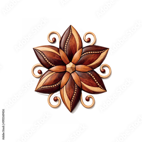 Ornate floral intarsia wood art with geometric petals and polished wood grain