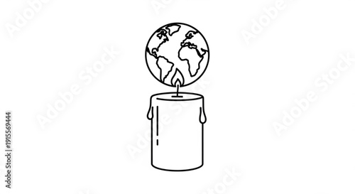 Earth globe on a burning candle concept of global warming and climate change simple line art illustration for environmental awareness
