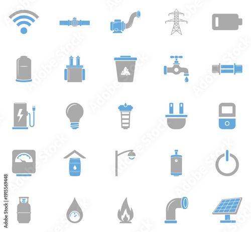 Utility and energy icons set with electricity, water supply, gas, recycling and renewable power symbols.