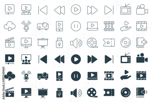Media and Video Vector Icons Collection for Media Production and Online Content. In outline and solid icons illustration