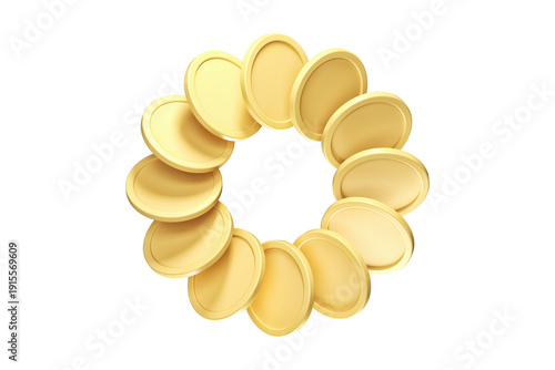Circular frame of matte golden coins swirling in motion. High-quality 3D rendering mockup suitable for money related concepts.