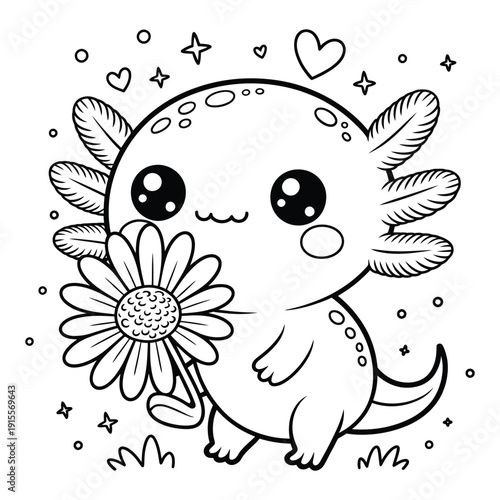 Kawaii axolotl coloring page with flower and heart icons for kids activity books cute aquatic animal character in doodle vector art