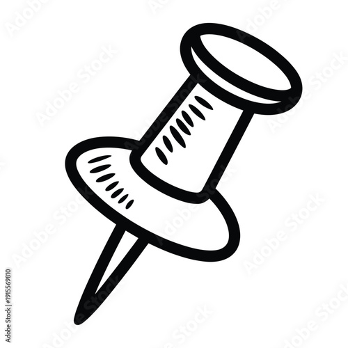 A simple black and white illustration of a push pin angled slightly