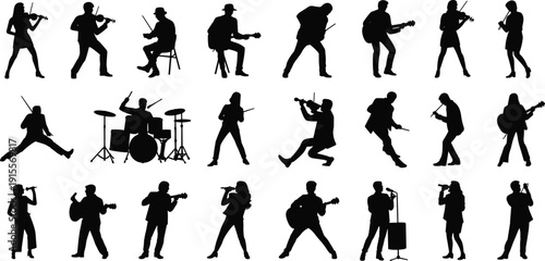 Musician Silhouette Set Featuring Rock Band Members Singers Guitarists Drummers And Violinists For Live Music Concert Performance Festivals Entertainment Events And Artistic Designs