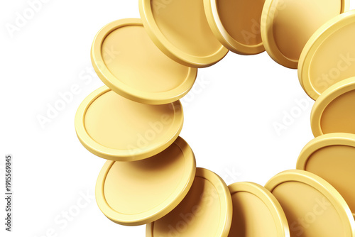 Set of empty isolated coins floating in a circular trajectory forming a round frame on a transparent background. High quality 3D rendering mockup.