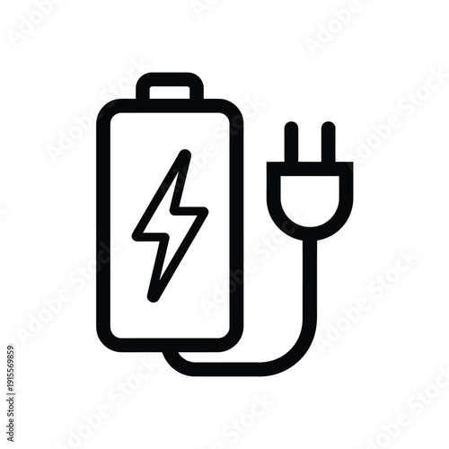 Simple black and white line drawing of a battery charging with a plug