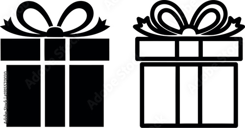 Two gift boxes with decorative ribbons and contrasting designs shown in black and white