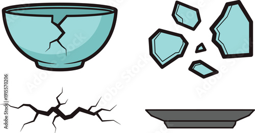 Broken ceramic bowl and glass shards set, vector icons with cracked blue bowl, sharp pieces of debris and floor crack illustration isolated on white background.