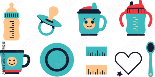 Baby feeding and nursery accessories set, colorful vector illustrations with milk bottle, pacifier, sippy cups, bowl and spoon isolated on white background.
