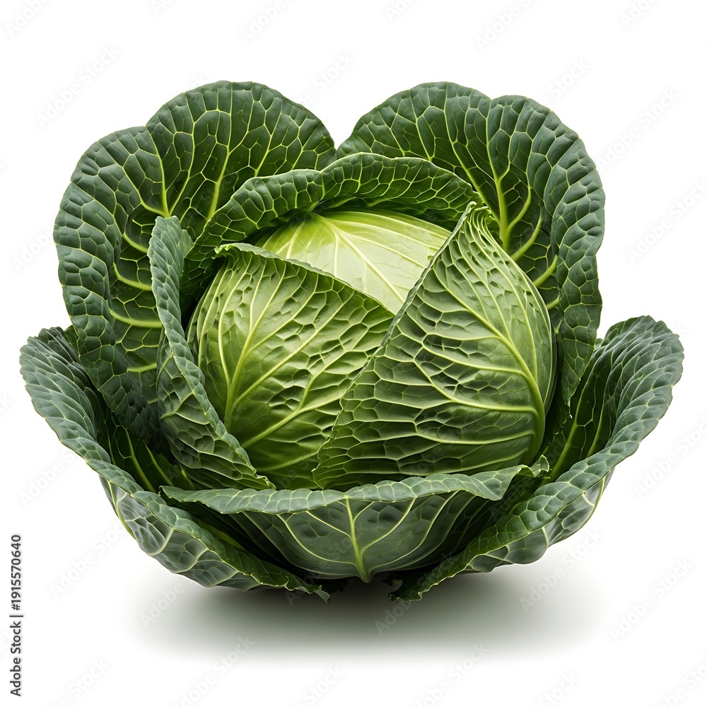 Obraz premium A whole green cabbage with textured outer leaves, fresh produce on a white background
