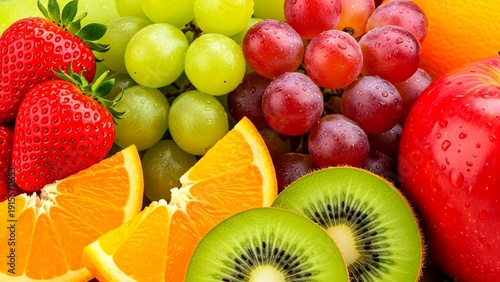 Fresh Mixed Fruits Background with Strawberry Grapes Kiwi Orange and Apple Healthy Foo