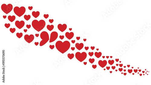 Flowing wave of red hearts on a white background for love and romance valentine