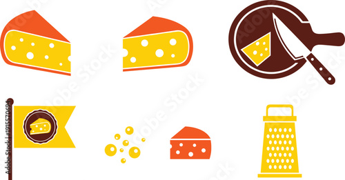 Cheese and dairy product icons set, colorful vector illustrations with sliced cheese blocks, wooden cutting board with knife, grater and food flag isolated on white background.