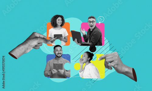 Valokuva A group of people is seen in a collage format, each person using different devices and sharing ideas