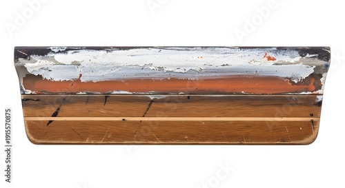Worn wooden boat gunwale close up with chipped white and orange paint peeling varnish scuffed edges visible wood grain isolated on white background rustic nautical repair